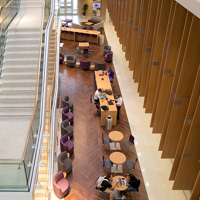 Overhead view of Harris College of Nursing & Health Sciences lobby
