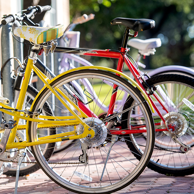 Close up of a bicycle rack on the TCU campus with pink, red, and yellow bikes Close up of a bicycle rack on the TCU campus with pink, red, and yellow bikes