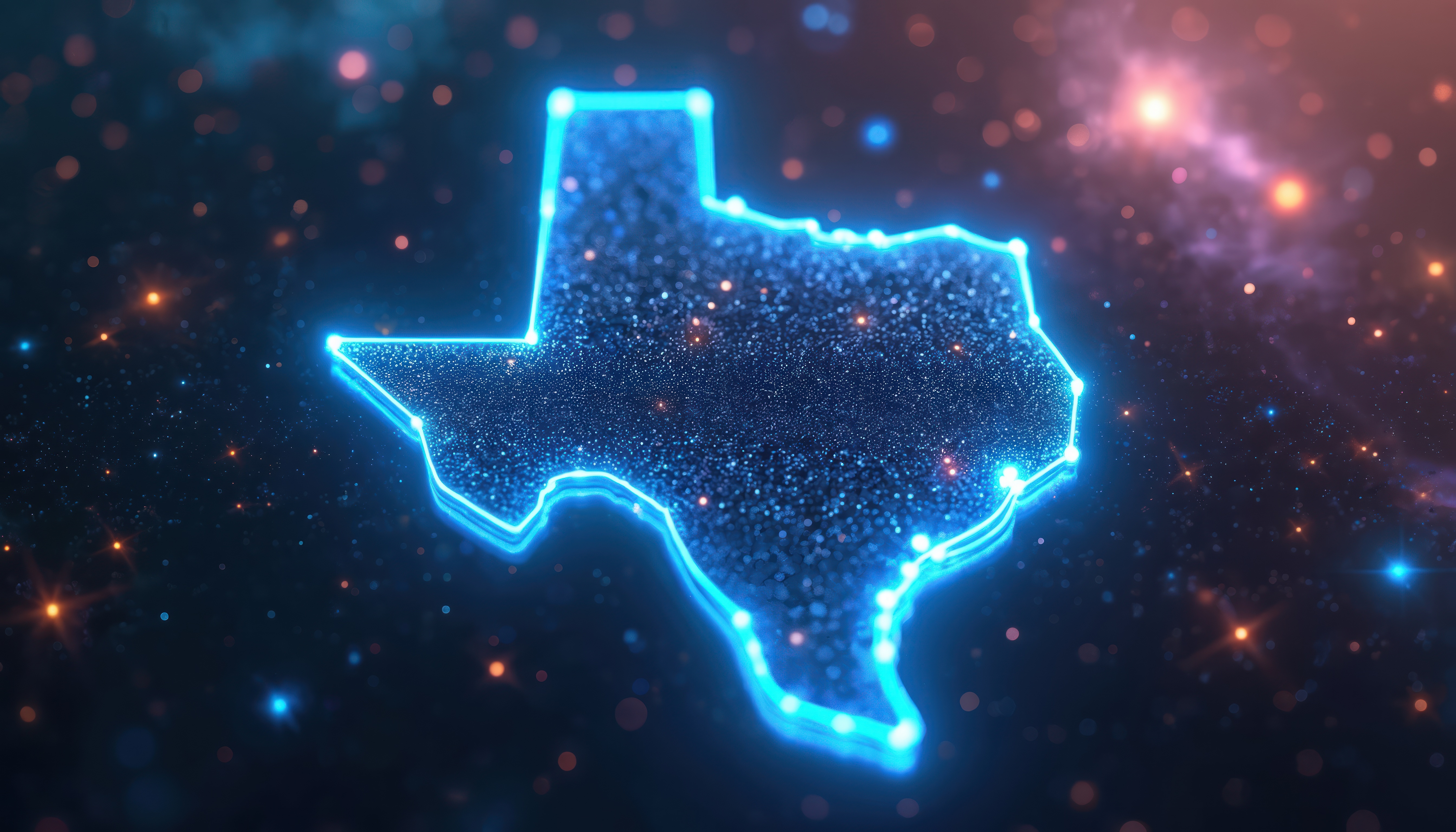 illustration of lights flashing over shape of texas and humans